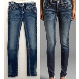 ROCK REVIVAL Blair Skinny Jeans Dark Whiskered Distressed Stitching Low Rise Y2K
